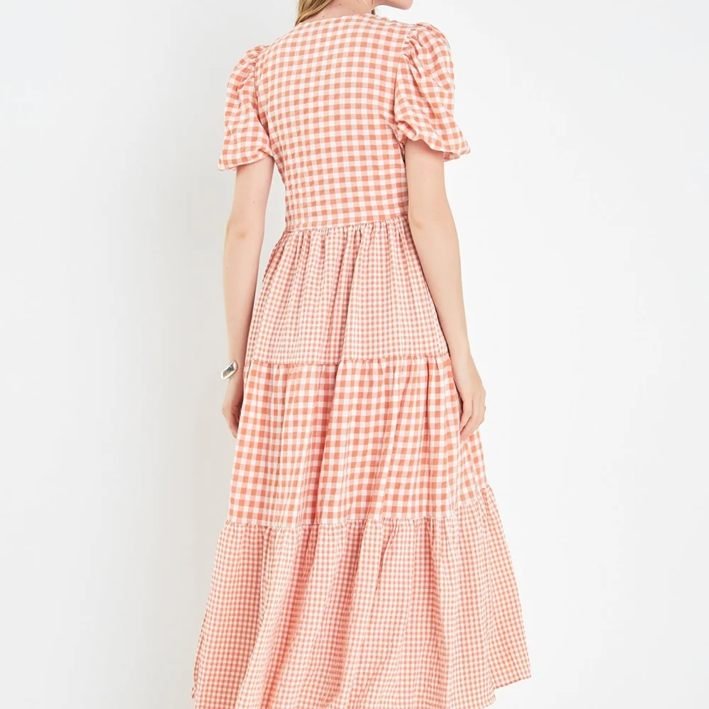 Gingham Puff Sleeve Midi Dress - Pink - Picture 4 of 5